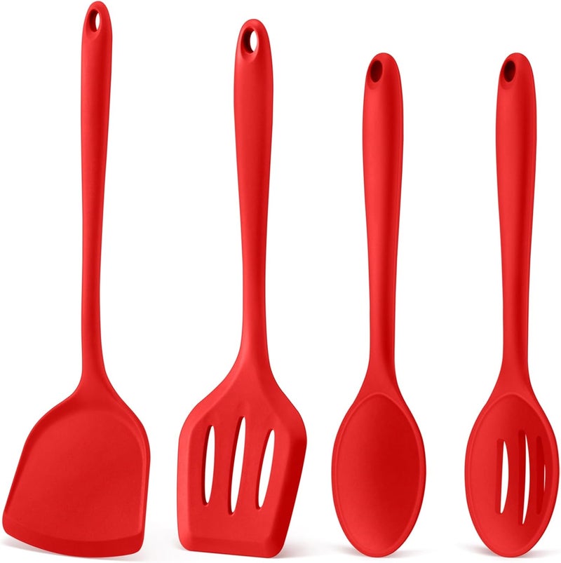 P&P CHEF Kitchen Utensil Set, 4 Pieces Non-stick Silicone Cooking Utensils, Heat-resistant Slotted Solid Spoon Turner for Frying, Mixing, Serving, Non-toxic & Easy to Clean, Red - Image 1