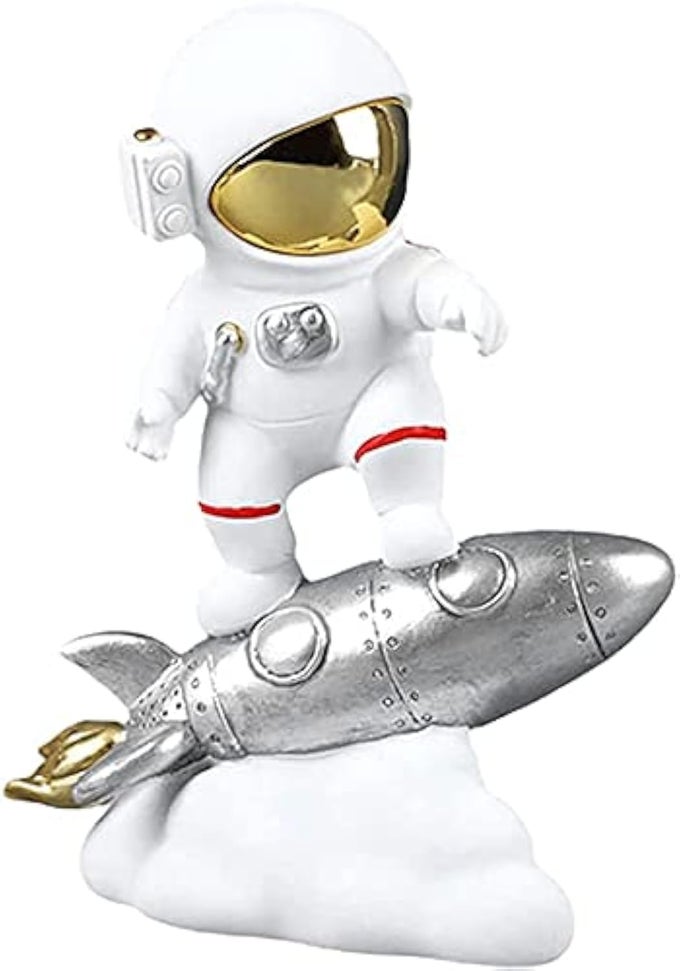 ASTRONAUT FIGURINE RESIN ASTRONAUT SCULPTURE CRAFTS FIGURINE OUTER SPACE STATUE FOR HOME DECOR OFFICE ORNAMENT SILVER ROCKET