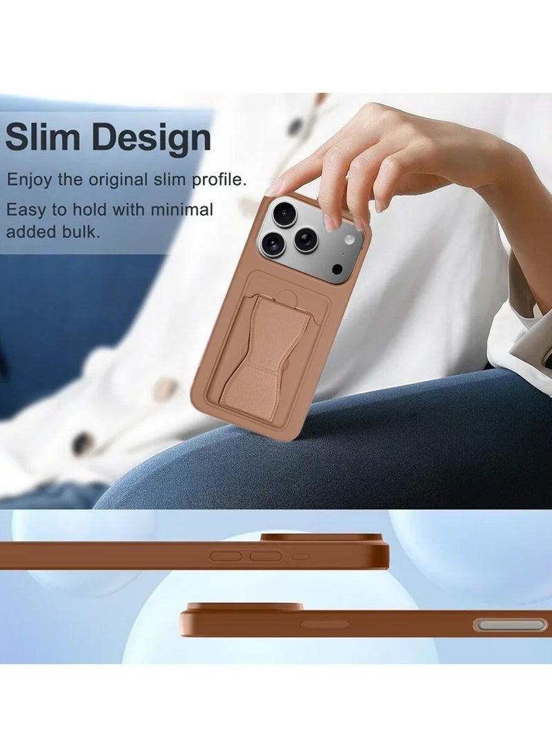 ELTRAZONE iPhone 17 Pro Max 5G 2025 Silicone TPU Case with Card Holder & Hand Grip | Slim Shockproof Wallet Cover with Kickstand Stand & Secure Grip Strap (MCHPSN) - Brown - Image 4