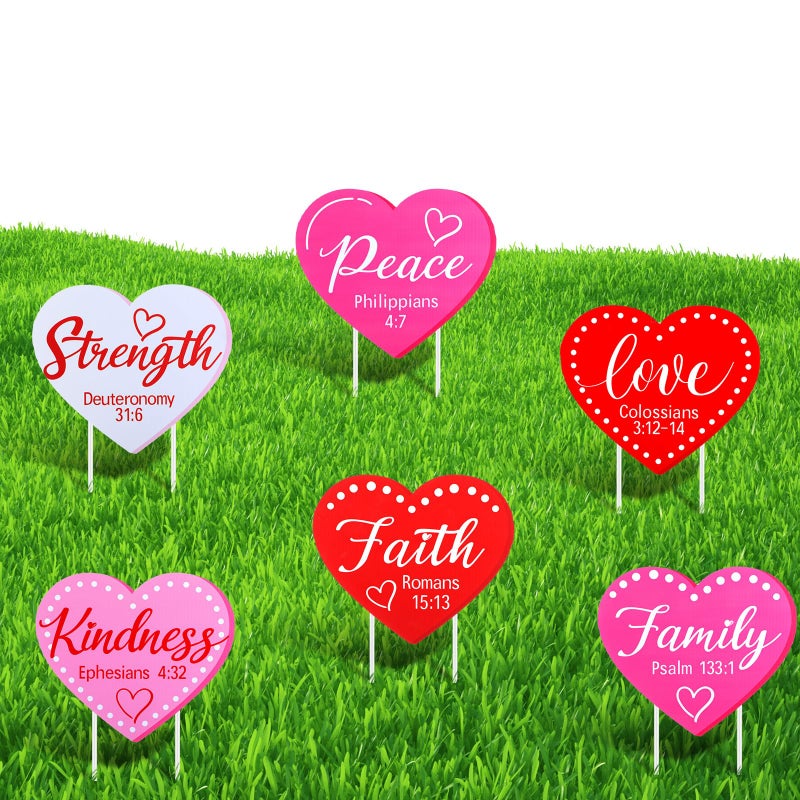 Memorywuu 6 Pcs Valentine's Day Yard Signs Religious Heart-shaped Bible Verse Yard Sign with Stakes Holiday Garden Decorations Outdoor for Valentine St. Patrick's Day Outdoor Party Pathway Yards Decor - Image 1