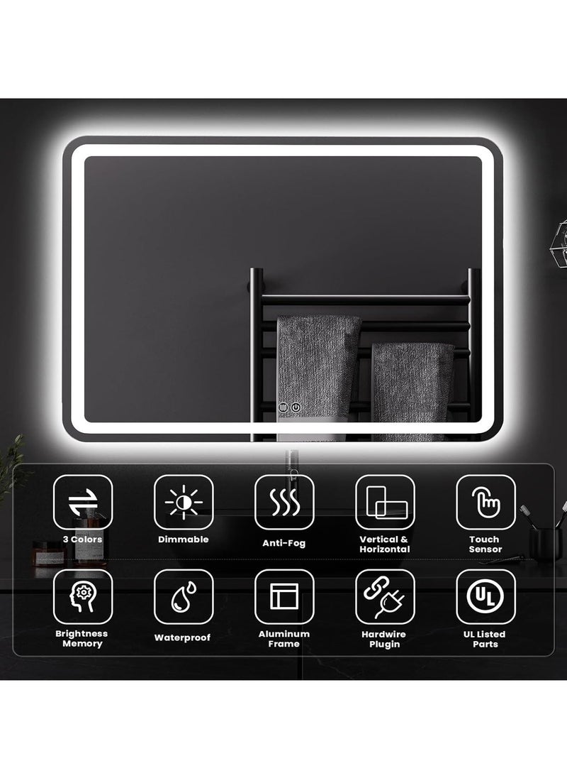 Vparty - LED Bathroom Mirror with Backlit & Front Lights, Anti-Fog Makeup Mirror, 3 Color Temperature Dimmable Vanity Mirror, Waterproof, Memory Function, Horizontal/Vertical Mount, Adjustable Brightness, Stylish Wall-Mounted Energy-Efficient LED Mirror for Bathroom (100 x 60 cm) - Image 1
