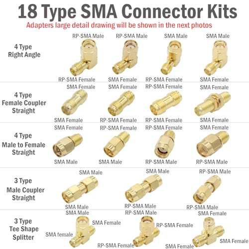exgoofit SMA Adapter Kit, 18pcs, Gold Plated, Compatible with FPV Antennas, Ham Radio, WiFi Router, etc. - Image 2
