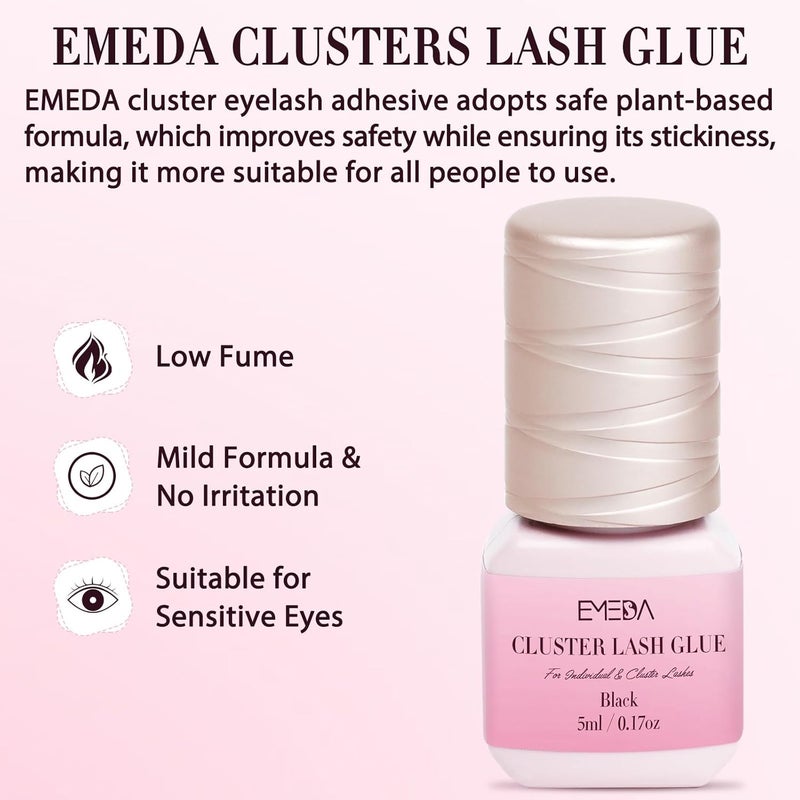 EMEDA Sensitive Open Eyes Lash Cluster Glue 3s Strong Hold Long Lasting for 2 Weeks, Waterproof Eyelash Adhesive for Sensitive Eyes & DIY Individual & Clusters & Semi-Permanent Lash Extensions (5ml Black) - Image 2