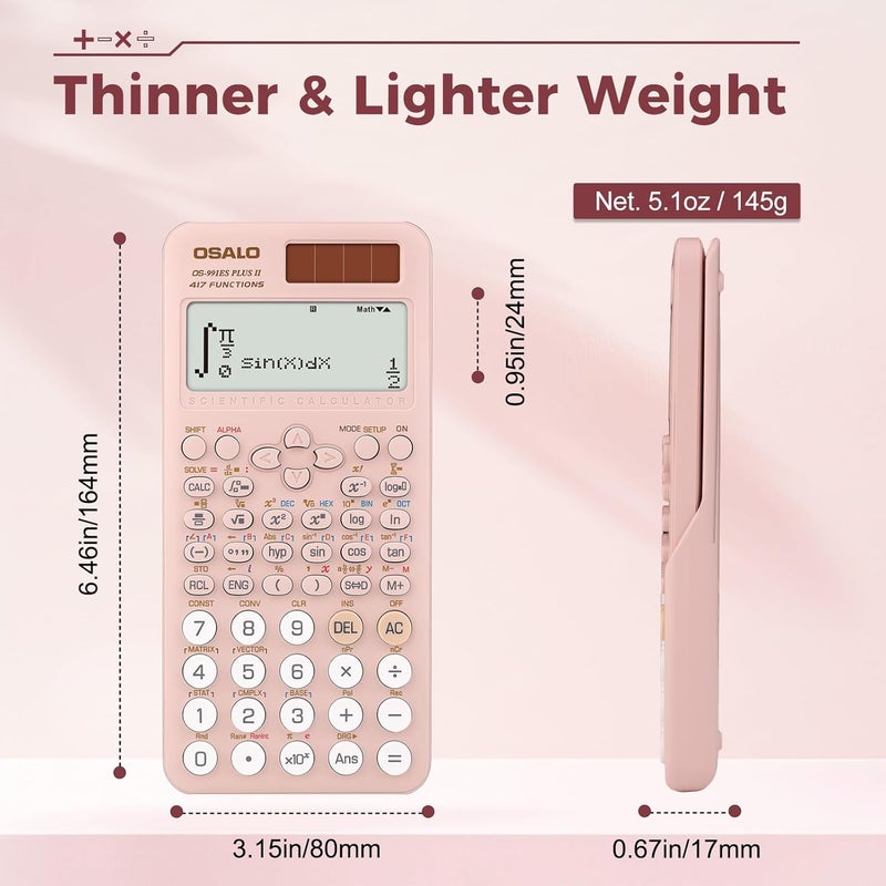 OSALO Scientific Calculator 417 Function 2 Line 10+2 Digits Written Display Solar Calculators (OS 991ES Plus 2nd Edition Pink) - Image 4