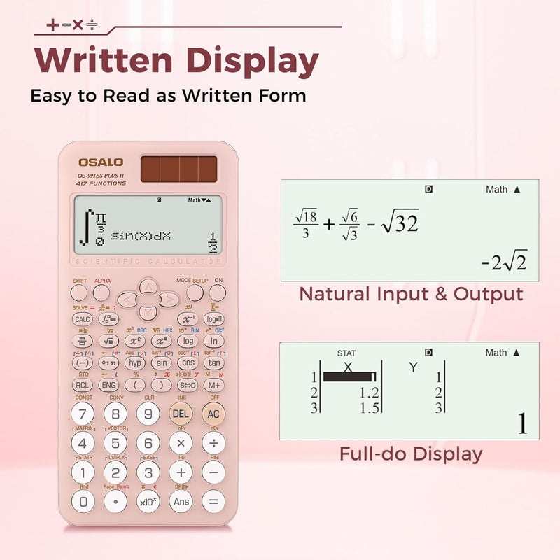 OSALO Scientific Calculator 417 Function 2 Line 10+2 Digits Written Display Solar Calculators (OS 991ES Plus 2nd Edition Pink) - Image 1