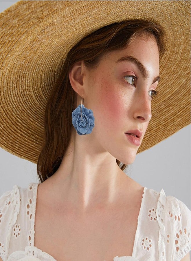 OIDIMS Denim Camellia Flower Dangle Earrings for Women Cowboy Statement Big Exaggerated Fabric Hoop Huggie Blue Floral Studs Gold-Tone Plated Long Drop Dangling Earring Fashion Jewelry Gifts (Hoop) - Image 2