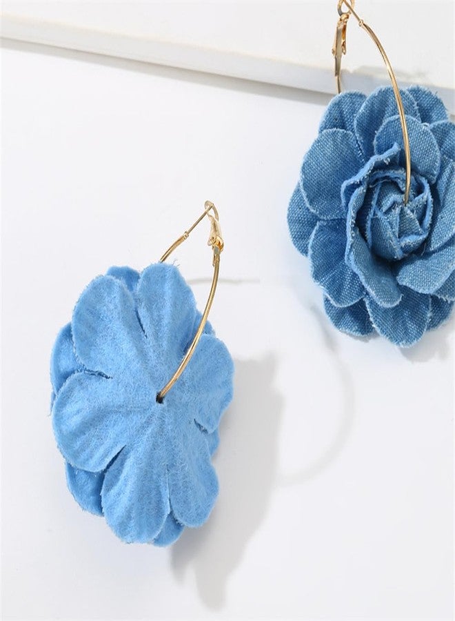 OIDIMS Denim Camellia Flower Dangle Earrings for Women Cowboy Statement Big Exaggerated Fabric Hoop Huggie Blue Floral Studs Gold-Tone Plated Long Drop Dangling Earring Fashion Jewelry Gifts (Hoop) - Image 5