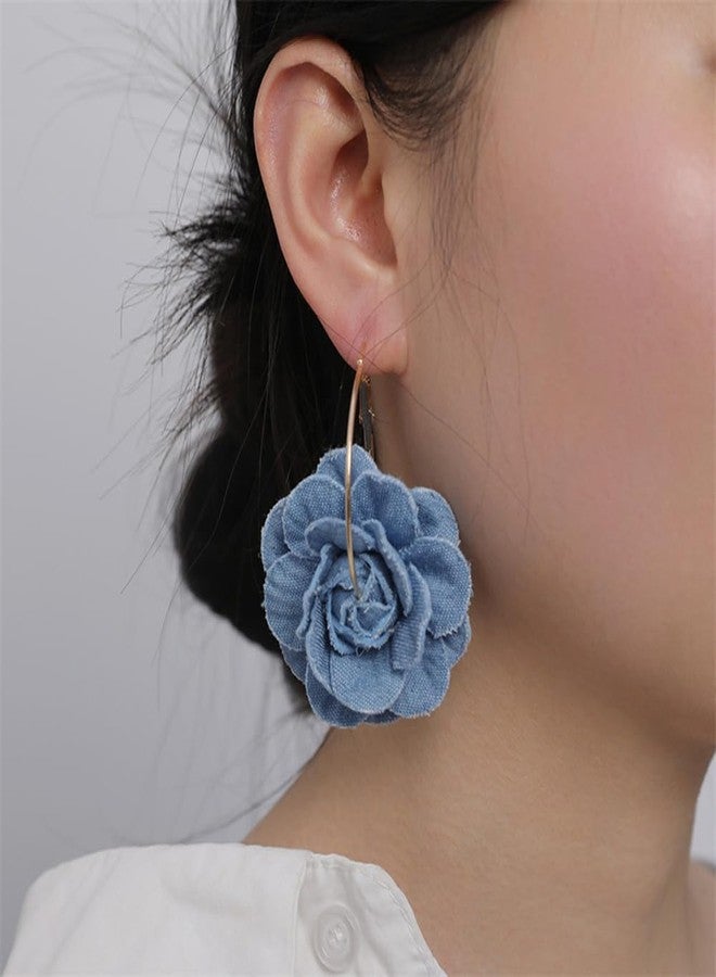 OIDIMS Denim Camellia Flower Dangle Earrings for Women Cowboy Statement Big Exaggerated Fabric Hoop Huggie Blue Floral Studs Gold-Tone Plated Long Drop Dangling Earring Fashion Jewelry Gifts (Hoop) - Image 3