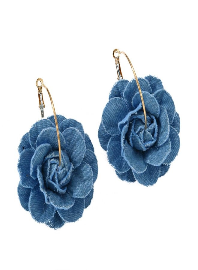 OIDIMS Denim Camellia Flower Dangle Earrings for Women Cowboy Statement Big Exaggerated Fabric Hoop Huggie Blue Floral Studs Gold-Tone Plated Long Drop Dangling Earring Fashion Jewelry Gifts (Hoop) - Image 1