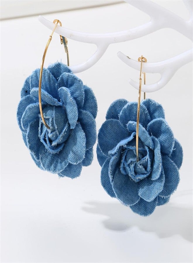 OIDIMS Denim Camellia Flower Dangle Earrings for Women Cowboy Statement Big Exaggerated Fabric Hoop Huggie Blue Floral Studs Gold-Tone Plated Long Drop Dangling Earring Fashion Jewelry Gifts (Hoop) - Image 4