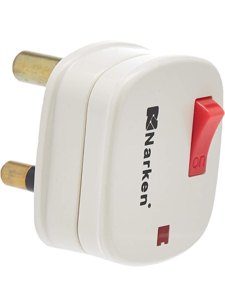 Narken 3 Round Pin AC Heavy Duty Plug Top White Color Switch On Off With Screw Wire Clip And Fuse Max. - Image 1