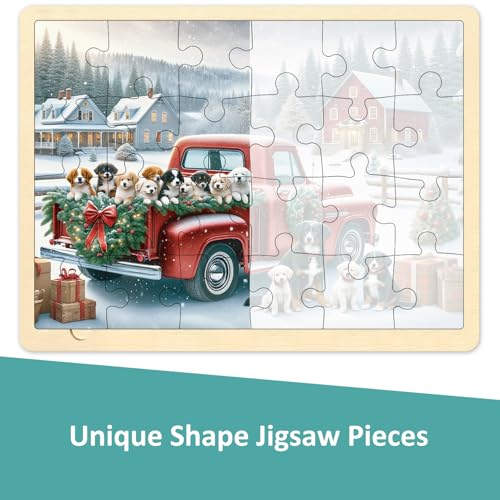 MoinKidz Christmas Puzzles for Kids Ages 35 24 Piece Puzzle for 3 Year Old Red Truck with Puppies Christmas Dogs Wooden Jigsaw Puzzles with Tray - Image 5