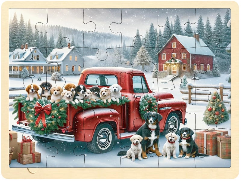 MoinKidz Christmas Puzzles for Kids Ages 35 24 Piece Puzzle for 3 Year Old Red Truck with Puppies Christmas Dogs Wooden Jigsaw Puzzles with Tray - Image 3