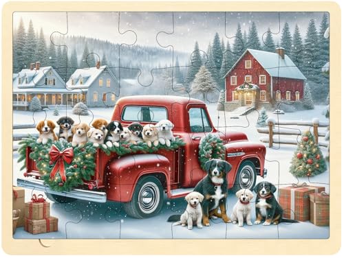 MoinKidz Christmas Puzzles for Kids Ages 35 24 Piece Puzzle for 3 Year Old Red Truck with Puppies Christmas Dogs Wooden Jigsaw Puzzles with Tray - Image 1