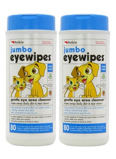 Jumbo Pet Eye Wipes, 80 Extra Moist Wipes, 2 Pack  Natural Formula Gently Removes Dirt, Discharge, & Tear Stains  Safe, Convenient, & Easy To Use Pet Wipes For Dogs, Cats, Puppies & Kittens