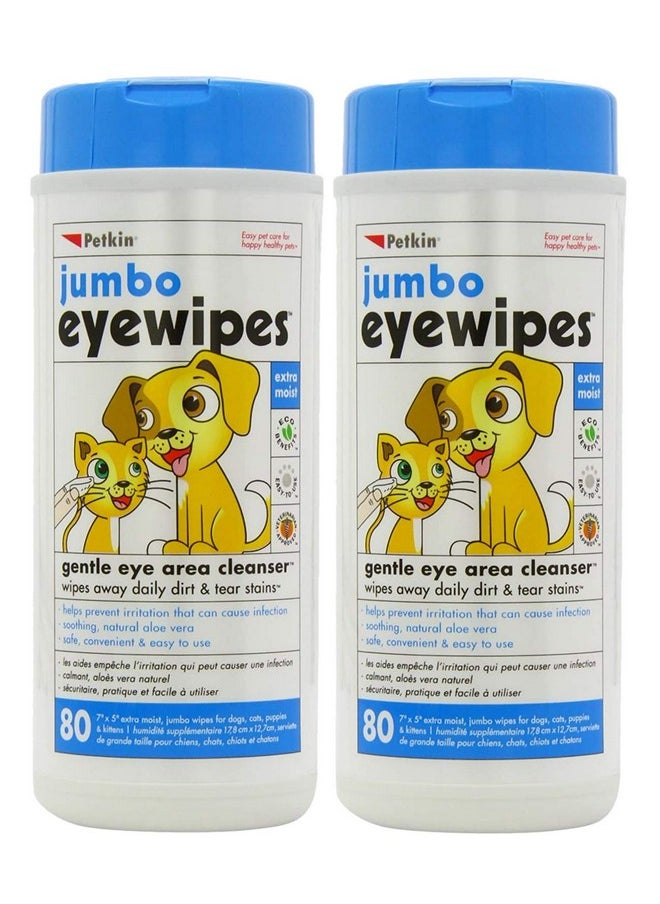 Petkin - Jumbo Pet Eye Wipes, 80 Extra Moist Wipes, 2 Pack  Natural Formula Gently Removes Dirt, Discharge, & Tear Stains  Safe, Convenient, & Easy To Use Pet Wipes For Dogs, Cats, Puppies & Kittens - Image 1