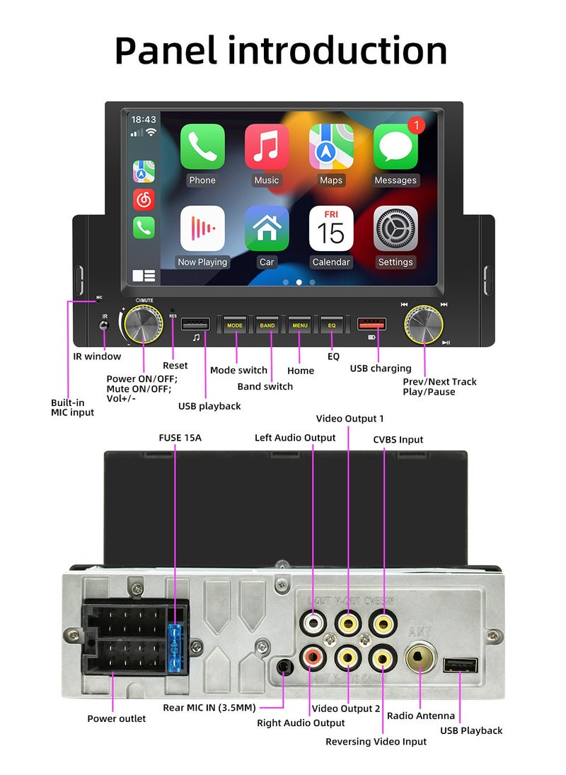 SWM - 6.2 Inch Car Stereo MP5 Player BT FM Radio Receiver with Carplay Android Auto Support Hands-Free Calling USB Charge Playback Phone - Image 1