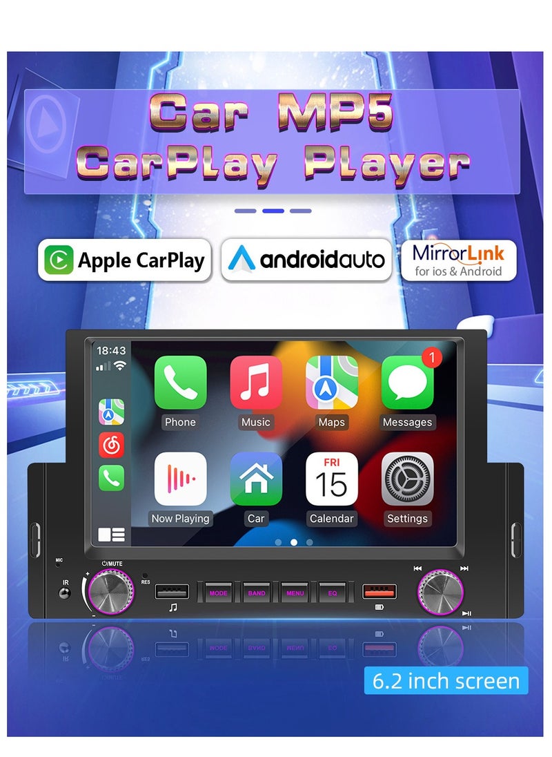 SWM - 6.2 Inch Car Stereo MP5 Player BT FM Radio Receiver with Carplay Android Auto Support Hands-Free Calling USB Charge Playback Phone - Image 1
