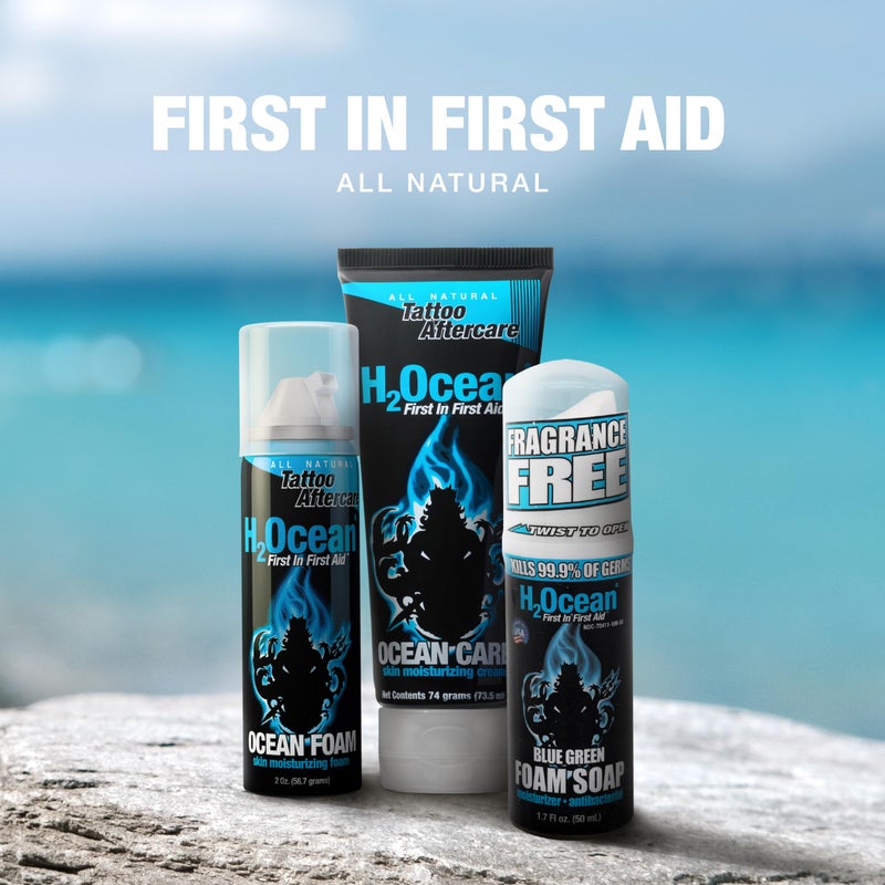H2Ocean Ultimate Tattoo Aftercare Kit â€“ Complete 3 Step Water-Based Skincare Regimen for Faster Tattoo Healing â€“ Blue Green Foam Soap (1.7 oz), Ocean Care Cream (2.5 oz) & Ocean Foam Moisturizer(2 oz) - Image 5