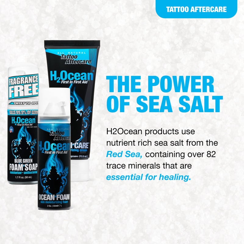 H2Ocean Ultimate Tattoo Aftercare Kit â€“ Complete 3 Step Water-Based Skincare Regimen for Faster Tattoo Healing â€“ Blue Green Foam Soap (1.7 oz), Ocean Care Cream (2.5 oz) & Ocean Foam Moisturizer(2 oz) - Image 3