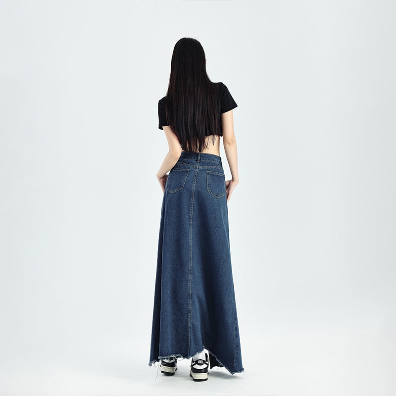 Culottes Denim Short Skirt Womens Summer New Niche Design Sense High Waist Hip Covering Slimming Small A- line Skirt Ins Dark blue