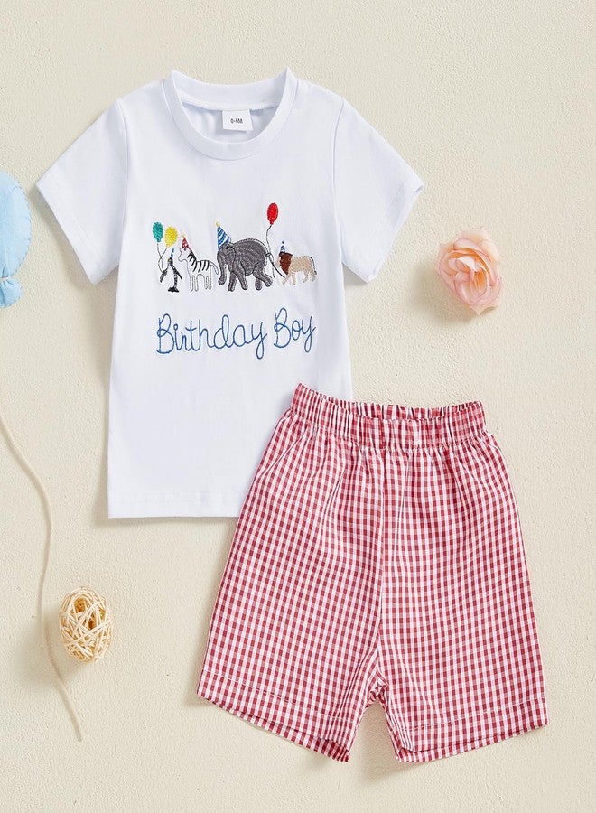 Mobbdow Toddler Baby Boy Birthday Outfit Birthday Boy Embroidery Short Sleeve T-Shirt and Gingham Plaid Shorts Set (White Red, 12-18 Months) - Image 2