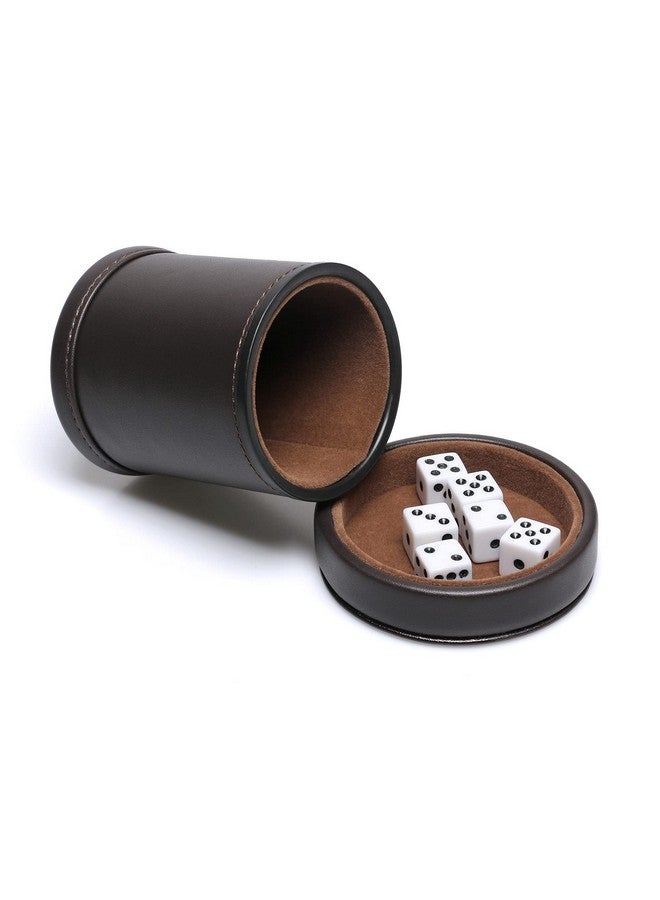 RERIVER RERIVER PU Leather Dice Cup with Lid, Dark Chocolate Leatherette and Dark Brown Felt-Lined Quiet Dice Shaker Cup, Including 6 Black Dot Dice for Liars Dice/ Farkle/ Yahtzee Games, 1 Pack  - Image 1