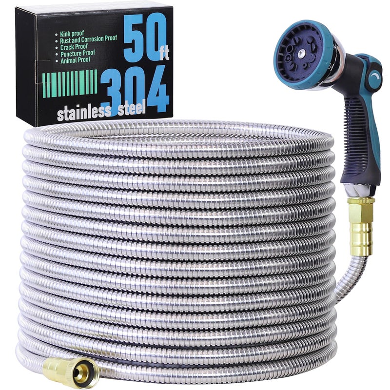Numwot 50FT Garden Hose, 304 Stainless Steel Water Hose, Flexible with a 10-Mode Nozzle Sprayer, No Kink, Lightweight, Puncture Proof, Ideal for Yard, Lawn, Outdoor, 5/8" Outside Diameter - Image 1