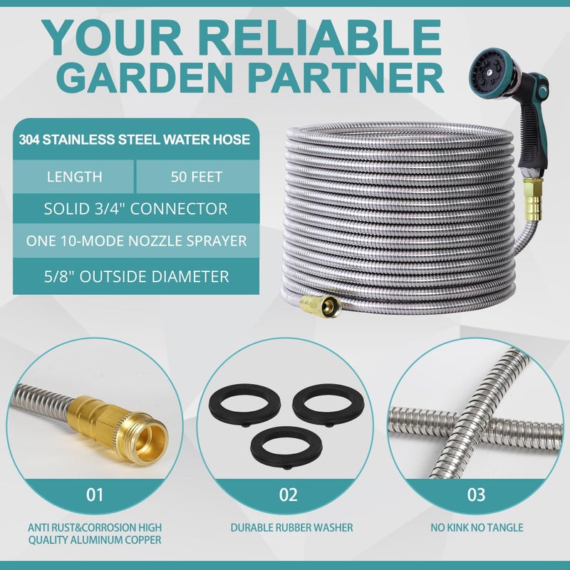 Numwot 50FT Garden Hose, 304 Stainless Steel Water Hose, Flexible with a 10-Mode Nozzle Sprayer, No Kink, Lightweight, Puncture Proof, Ideal for Yard, Lawn, Outdoor, 5/8" Outside Diameter - Image 2