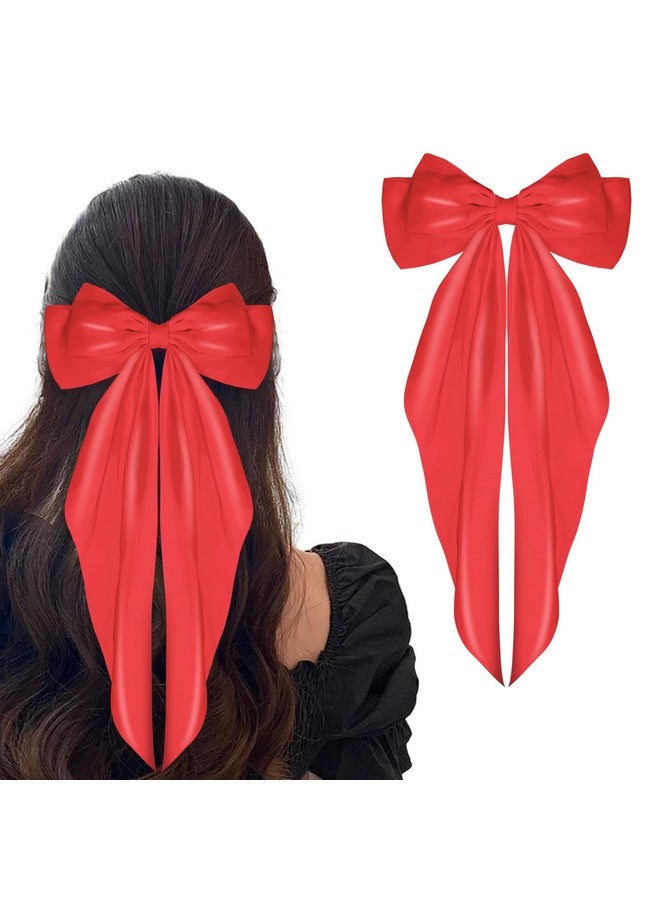 ولهيف مشابك شعر WLLHYF بفيونكة كبيرة، مشابك شعر حريرية من الساتان، فيونكة شعر فرنسية طويلة، دبابيس شعر معدنية، مشابك شعر بفيونكة، إكسسوارات شعر للنساء والفتيات، حفلات الزفاف، أعياد الميلاد (أحمر فاتح) - Image 1