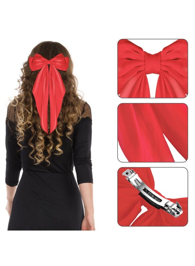 ولهيف مشابك شعر WLLHYF بفيونكة كبيرة، مشابك شعر حريرية من الساتان، فيونكة شعر فرنسية طويلة، دبابيس شعر معدنية، مشابك شعر بفيونكة، إكسسوارات شعر للنساء والفتيات، حفلات الزفاف، أعياد الميلاد (أحمر فاتح) - Image 3