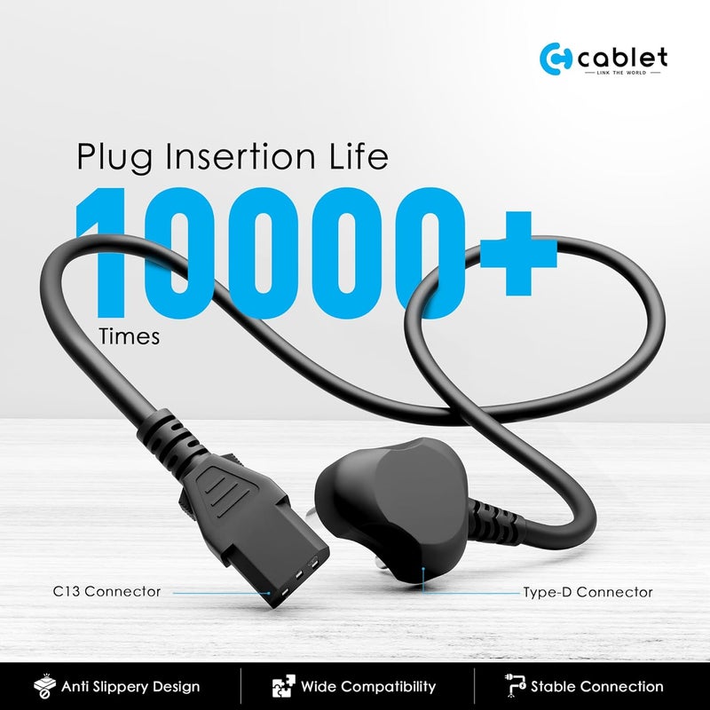 Cablet Power D15 Desktop Power Cable, 3 Pin Type-D Male to C13 Female Connector Cable with 1.5 Meter Length and 7mm OD, 700 Watts Maximum Loading Capacity - Image 5