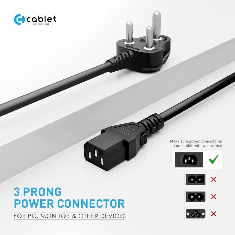 Cablet Power D15 Desktop Power Cable, 3 Pin Type-D Male to C13 Female Connector Cable with 1.5 Meter Length and 7mm OD, 700 Watts Maximum Loading Capacity - Image 2