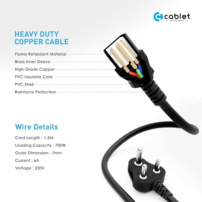 Cablet Power D15 Desktop Power Cable, 3 Pin Type-D Male to C13 Female Connector Cable with 1.5 Meter Length and 7mm OD, 700 Watts Maximum Loading Capacity - Image 3