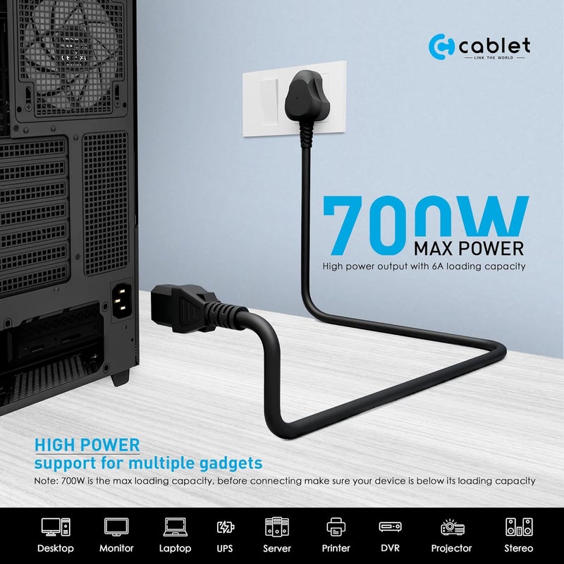 Cablet Power D15 Desktop Power Cable, 3 Pin Type-D Male to C13 Female Connector Cable with 1.5 Meter Length and 7mm OD, 700 Watts Maximum Loading Capacity - Image 4