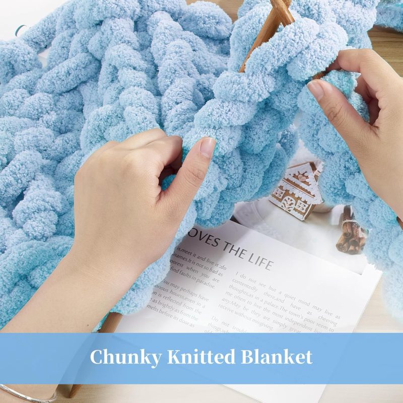 Chunky Chenille Yarn 8 Oz 27yds 3/4 Inch Diameter Soft Fluffy 100% Polyester Vibrant Light Blue Knitting Yarn for Crocheting Clothing Blankets Hats Scarves Cushions Pet Beds - Durable Chunky Chenille - Image 5