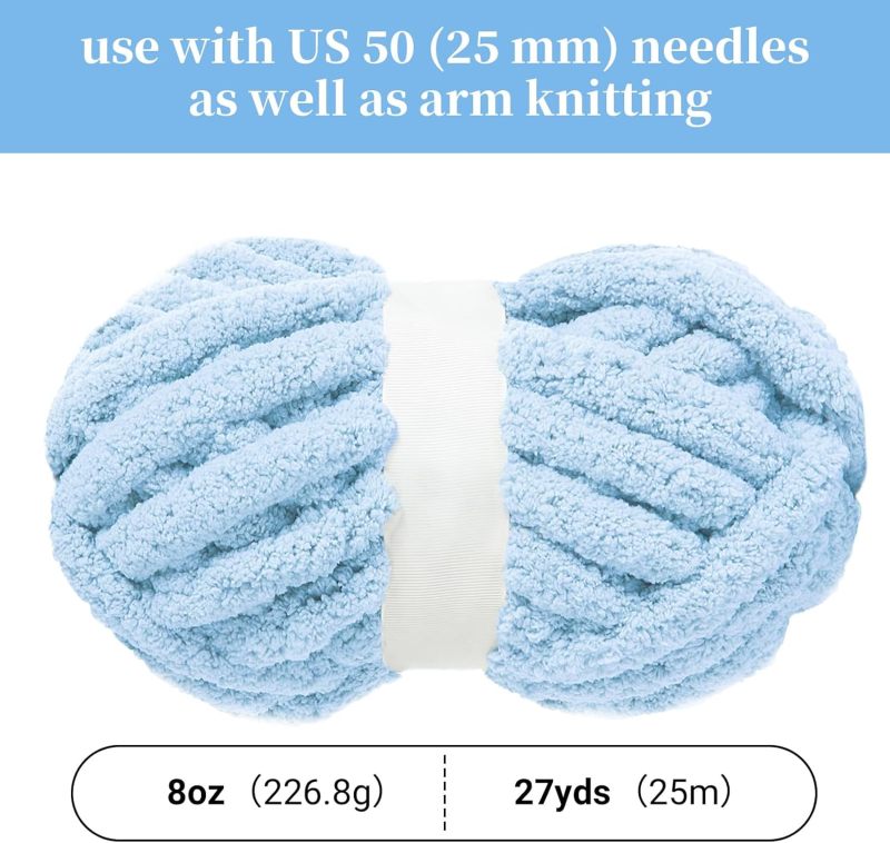 Chunky Chenille Yarn 8 Oz 27yds 3/4 Inch Diameter Soft Fluffy 100% Polyester Vibrant Light Blue Knitting Yarn for Crocheting Clothing Blankets Hats Scarves Cushions Pet Beds - Durable Chunky Chenille - Image 3