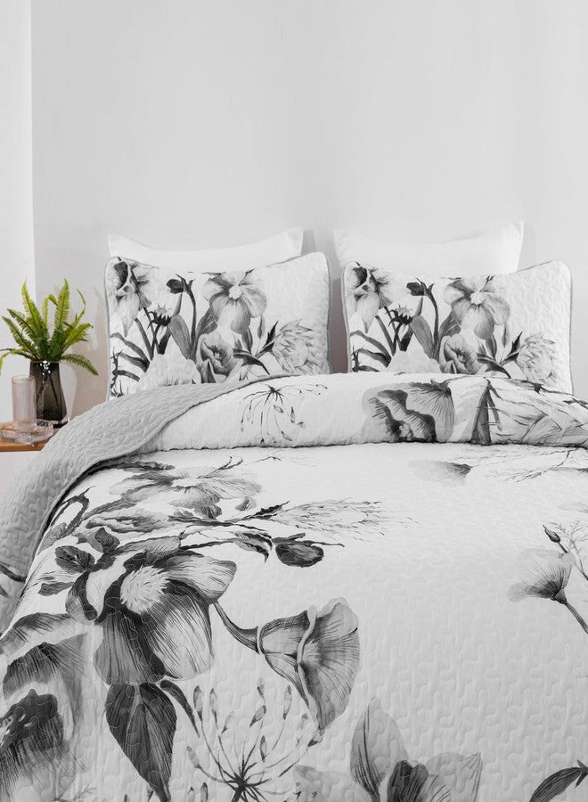 Drucon Floral Quilt Set Queen 3 Pieces Grey Floral Quilt Coverlet Set Soft Microfiber Lightweight White Quilted Bedspread for All Season 90"x96" - Image 4