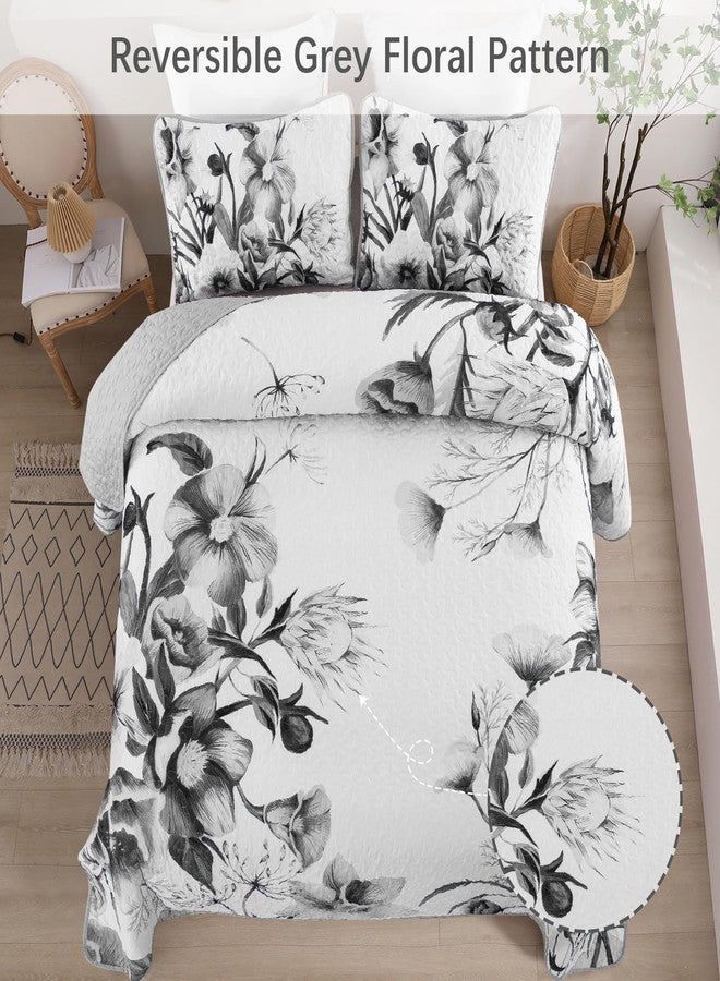 Drucon Floral Quilt Set Queen 3 Pieces Grey Floral Quilt Coverlet Set Soft Microfiber Lightweight White Quilted Bedspread for All Season 90"x96" - Image 3