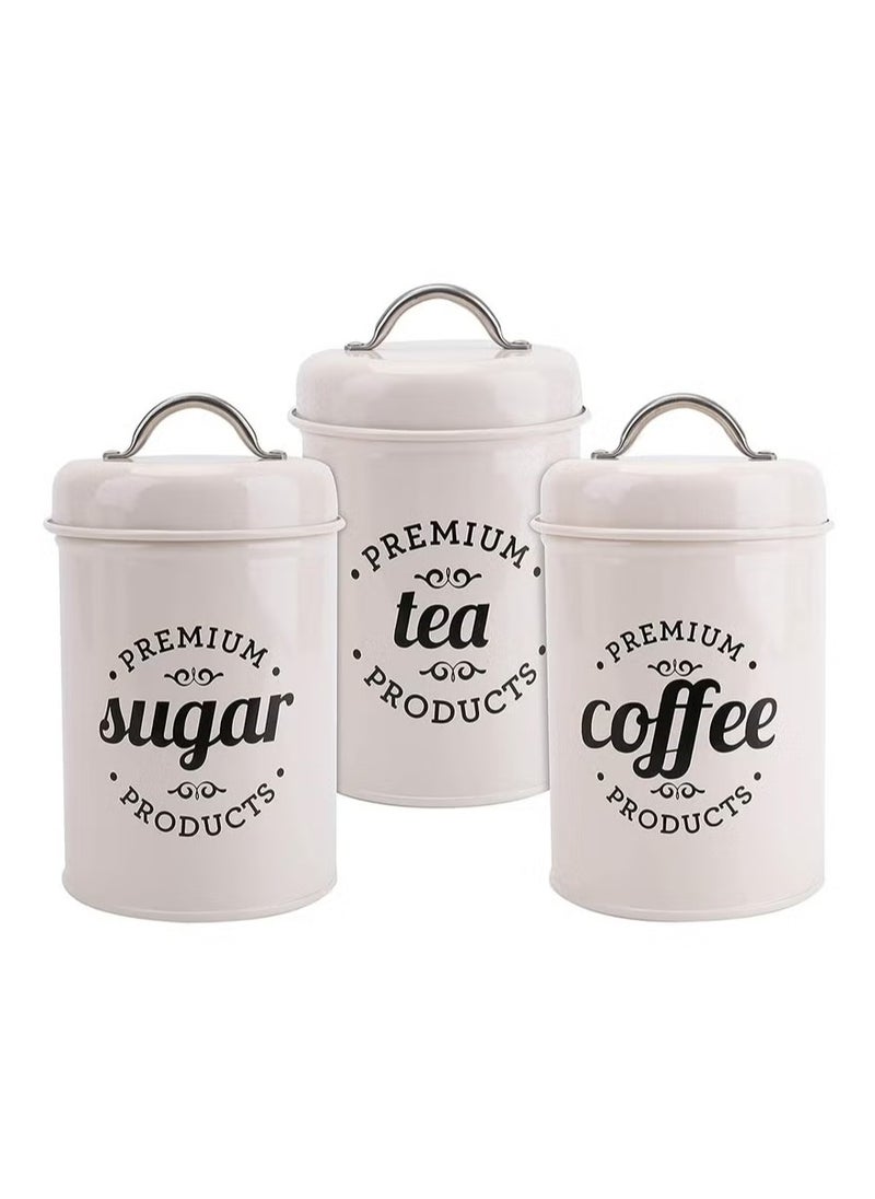 3-Piece Vintage Airtight Kitchen Containers Decorations with Lids Portable Coffee Tea Sugar Set Metal Canister Can Pot Decorative Kitchen Canister Jars Food Storage (white)