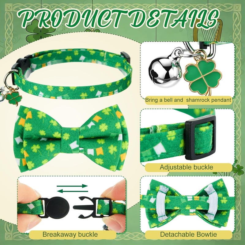 Hsei 6 Pcs St. Patrick's Day Cat Collar Bulk with Bow Tie Bell Irish Lucky Shamrocks Clover Green Hats Rainbows Kitten Adjustable Breakaway Bowtie Collar for Cats Small Dog Holiday Party Favors Gifts - Image 4