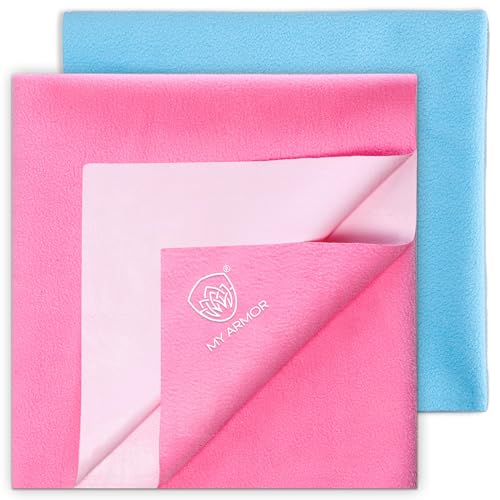 MY ARMOR Baby Dry Sheet for New Born Baby, Anti-Piling Waterproof Mattress Protector for Bed (Quick Drying/Extra Absorbent Dry Sheet for Bed) - Pack of 2 (Small 50cm x 70cm), Pink & Sky Blue - Image 1
