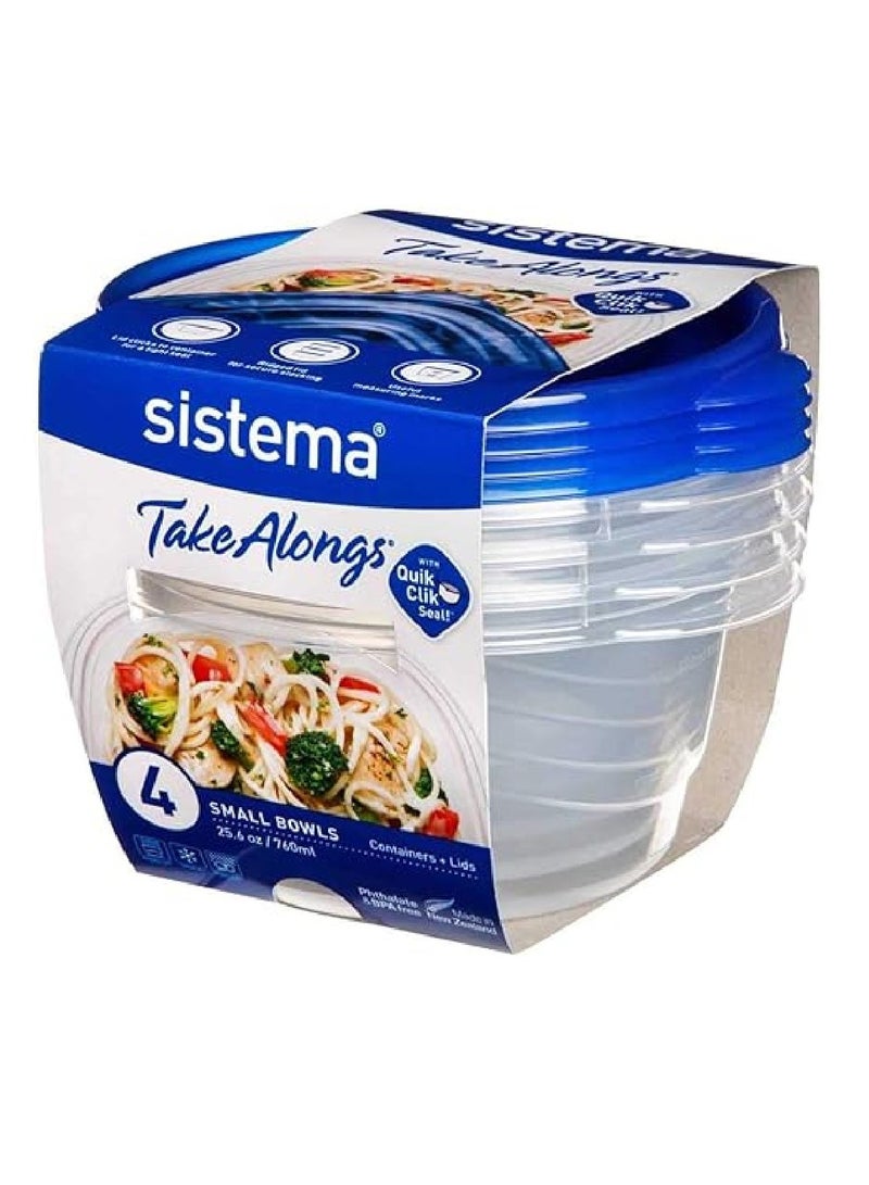 Sistema Takealongs Small Bowl food storage containers,clear with blue lid, Pack of 4, 760ML, Easy Clean, Microwave, dishwasher safe and BPA Free. - Image 1