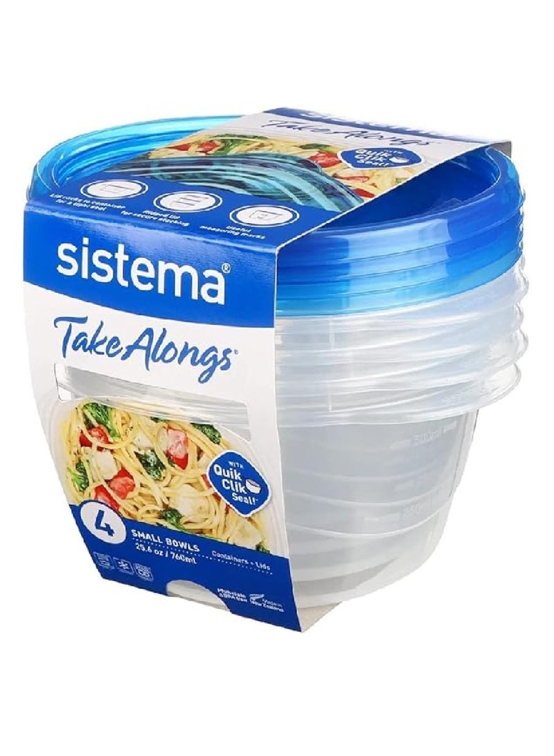Sistema Takealongs Small Bowl food storage containers,clear with blue lid, Pack of 4, 760ML, Easy Clean, Microwave, dishwasher safe and BPA Free. - Image 2