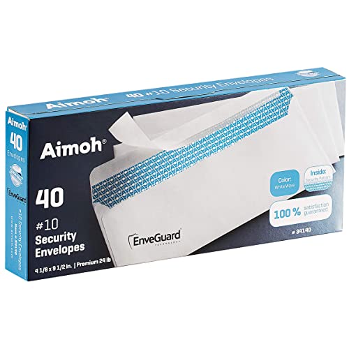 Aimoh 40#10 Security Tinted Self-Seal Envelopes - No Window, EnveGuard, Size 4-1/8 X 9-1/2 Inches - White - 24 LB - 40 Count (34140) - Image 1