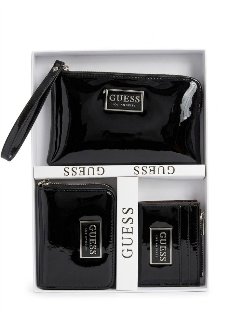Guess Patent Wallet 3-Piece Set for Women – Black Glossy Zip Wallet, Card Holder & Wristlet