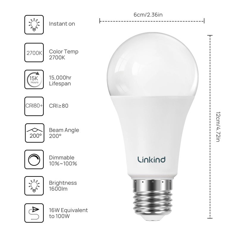 Linkind A19 LED Light Bulbs Dimmable, 100W Equivalent Light Bulbs, 16W, 2700K Soft White, 1600 Lumens LED Bulbs, E26 Standard Base, 120V, Lighting for Bedroom Living Room Home Office, 6 Packs - Image 2