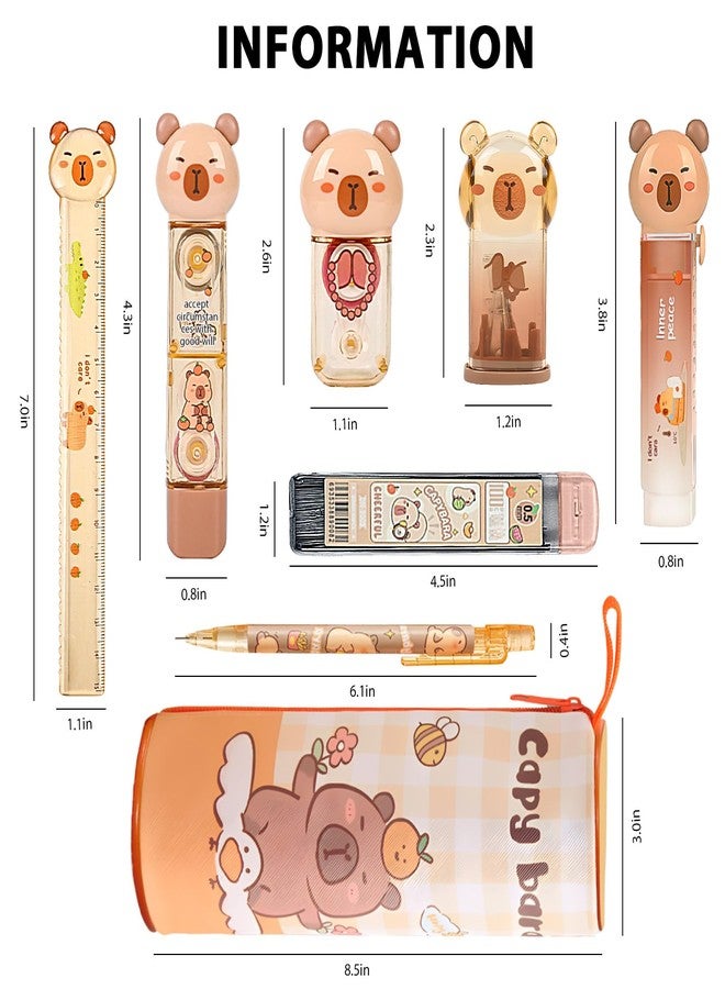 Daphilly Capybara Stationery Set,Cute Capybara School Supplies,Kawaii Japanese Stationery Birthday GIFS, Includes Pencil Sharpener,Eraser, Correction Tape, Ruler, Capybara Stickers, for Office School Supplies - Image 2
