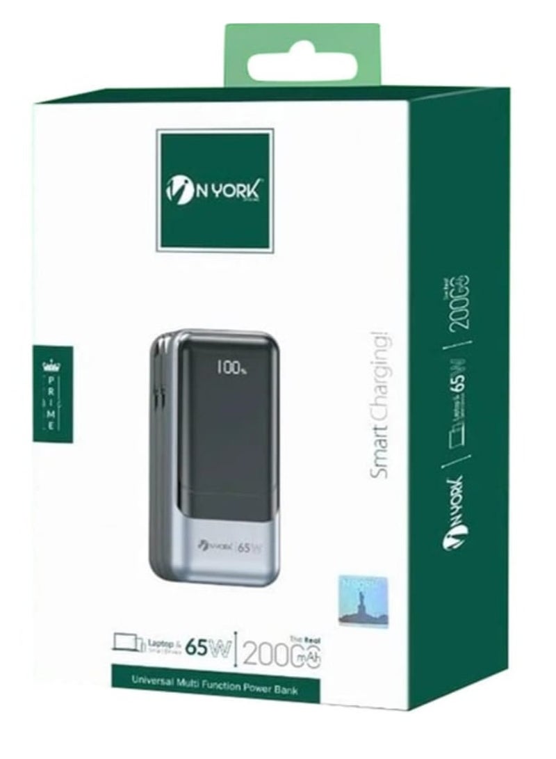 NYORK 20000mAh Fast Charging Power Bank Small Size 65W and Built-in 2 Cables for Charging All Mobile Phones and Laptops Built-in LED Indicator for Battery Capacity - Image 2