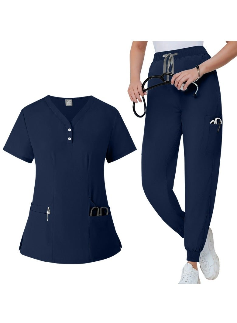 Loquat Solid Color Medical Uniform Scrubs 2 Piece Set V-Neck Top and Jogger Pants Suit Navy Blue  - Image 1
